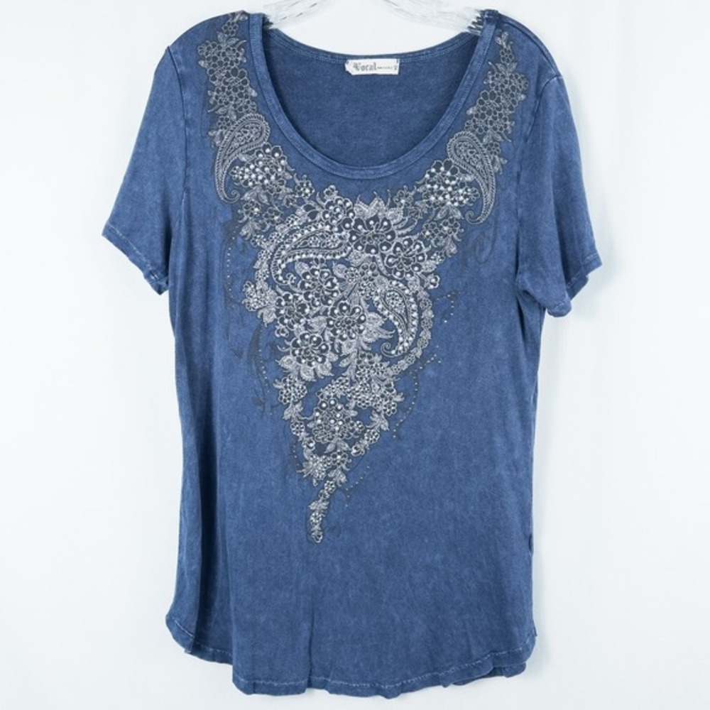 Vocal Floral Paisley Acid Wash T Shirt Women Medium Rhinestones Blue Y2K Grunge